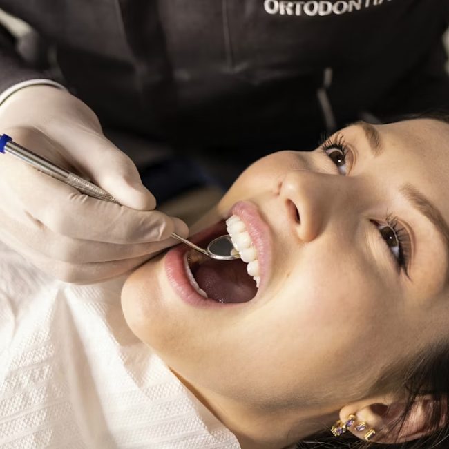 Dentist examining a young woman's teeth with a mirror